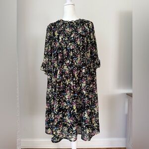 Melloday Floral Pleated Dress Size L Black Sheer Overlay Lined Boho Midi New